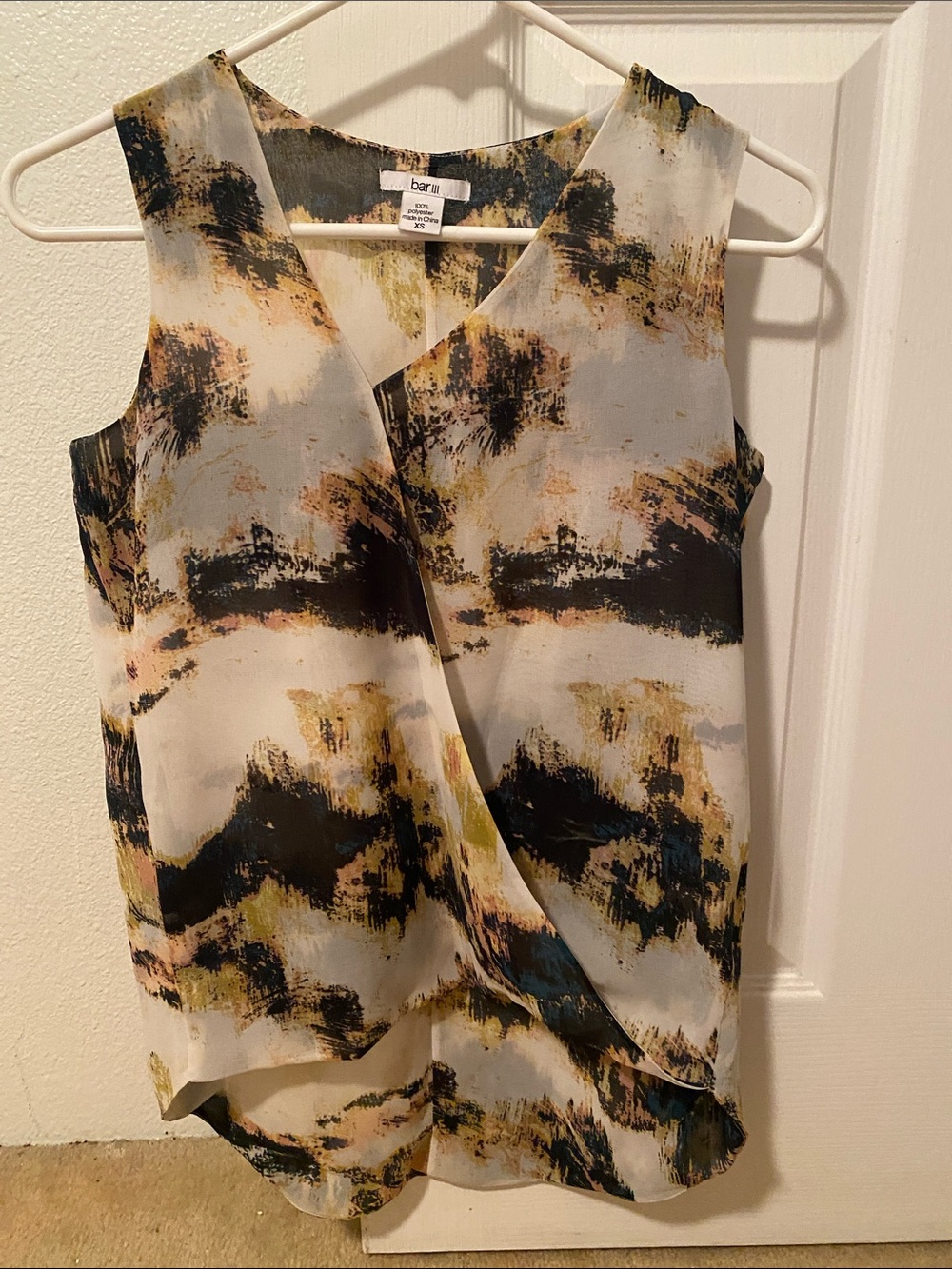 Bar III Abstract Watercolor Sleeveless Wrap Camisole - Cream, Black, Olive
